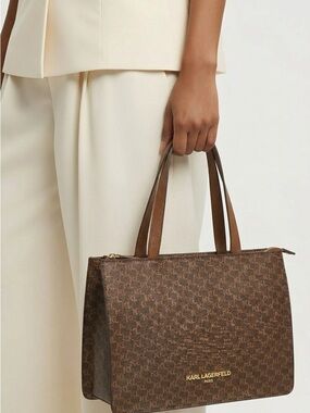 Karl Lagerfeld Brown Monogrammed Tote with Gold Logo
